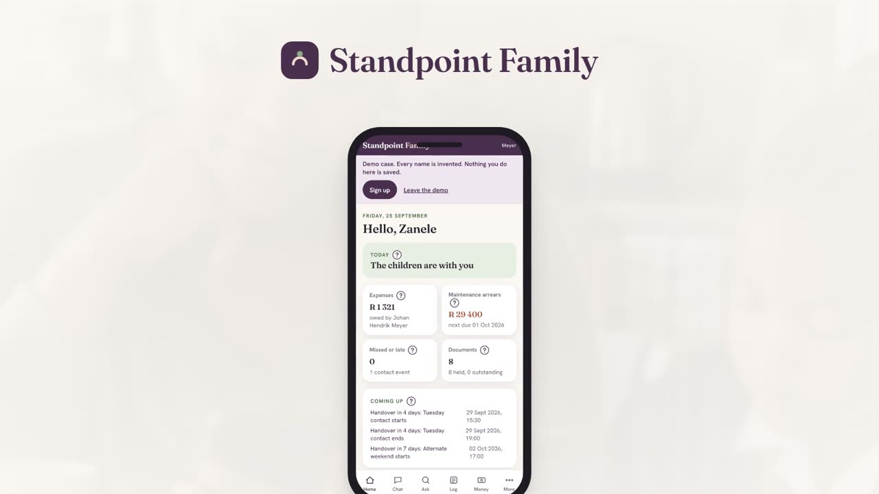 Standpoint Family on a phone, showing the Home screen of an invented example case